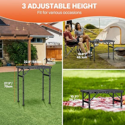 2ft Folding Grill Table 23''x16'', 3 Adjustable Heights Max 27.5'', Black
