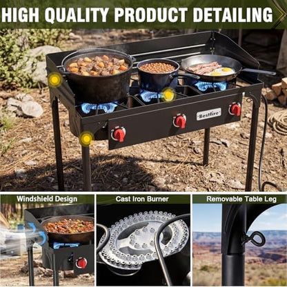 BESTFIRE 3 Burner Camping Stove, 225,000 BTU Propane Stove with Detachable Windscreen, Removable Legs & 20 PSIG Regulator&Octagonal Auxiliary Shelf&Ignition wire for Outdoor Cooking, Canning, BBQ