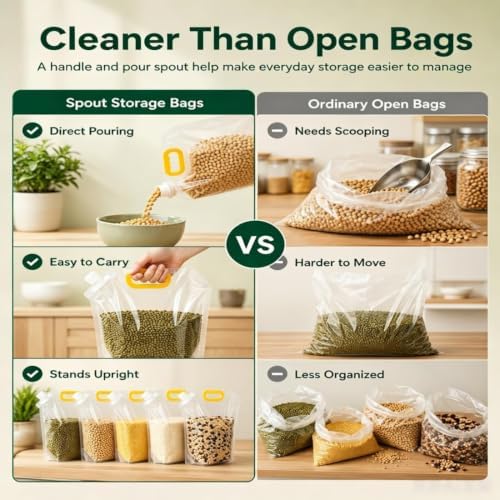 Airtight Grain Storage Bags with Handle, 5 Pack Large Capacity Cereal Containers Storage, Moisture-Proof Stand-Up Dry Food Pouches, Reusable Rice Sealed Container for Kitchen & Pantry (10PCS, 1.5)