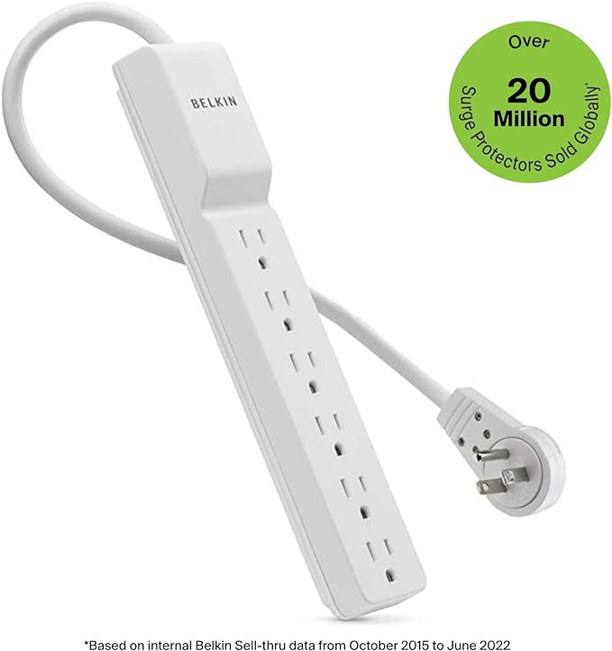 Belkin Surge Protector Power Strip - 6 AC Multiple Outlets - Flat Rotating Plug, 8ft Long Heavy-Duty Extension Cord for Home, Office, Travel, Computer Desktop & Charging Brick - White (720 Joules)