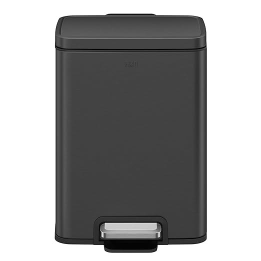 EKO Madison Matte Black 12L / 3.2 Gal Bathroom Trash Can with Lid and Removable Inner Basket, Rectangular Small Step Trash Can