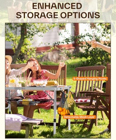 Sportneer Folding Table: Adjustable Height Camping Essentials 35.4" L x 23.6" W 2 Height with Mesh Layer - Compact & Portable Small Folding Table for Outdoor Camp Garden Picnic BBQ Dining Cooking