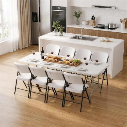 HULKFIT Portable 8-Piece Folding Table and Chairs Set, Heavy Duty 8ft Camping & Party Furniture for Indoor Outdoor Events, White