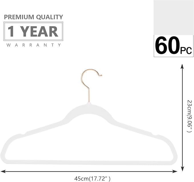 MIZGI Premium Velvet Hangers (60 Pack) Heavy Duty - Non Slip Felt Hangers - Velvet Suit Hanger White - Rose Gold Hooks,Space Saving Clothes Hanger