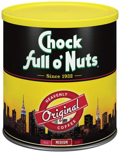 Chock Full o' Nuts Heavenly Original Ground Coffee – Premium Beans in Recyclable Steel Can – Rich Flavor & Aroma, Medium Roast – Perfect for Drip, Pour-Over, Percolator – 30.5 Oz Can, Pack of 6