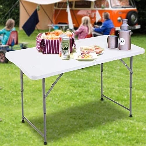 SKONYON Folding Table 4 Foot Height Adjustable Fold-in-Half Table with Carrying Handle, Small Card Table Indoor Outdoor Use, White