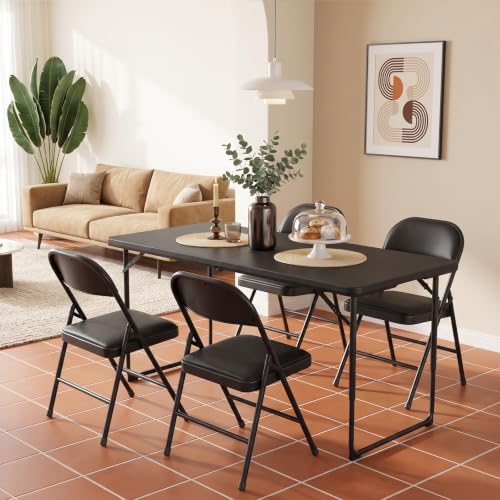 4FT Folding Table Adjustable Height Heavy Duty Plastic Folding Tables with Carry Handles, Fold-in-Half Portable Tables with Steel Legs for Party, Wedding, Camping, Picnic, Indoor Outdoor Events, Black