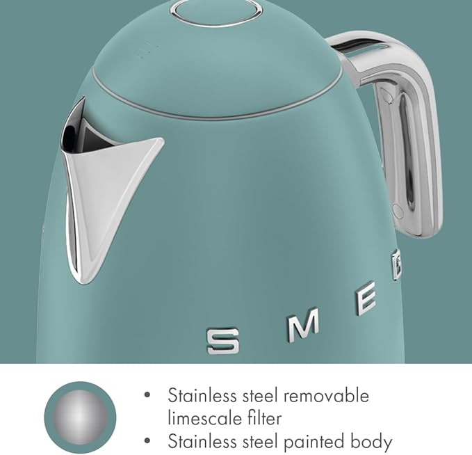 SMEG KLF03 7 Cup Electric Water Kettle, Retro-Style, Soft-Opening Lid, Auto Shut-Off, 360° Swivel Base – Jade