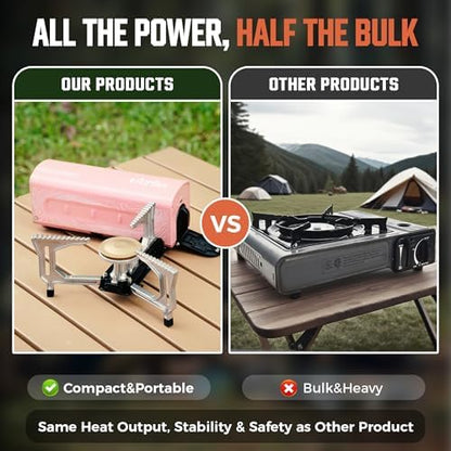 BIG HORN OUTDOORS Butane Camping Stove, Portable Folding Gas Burner with Carry Bag for Camping, Emergency Use and Outdoor Cooking, Pink