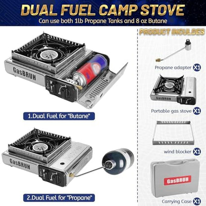 GasBRUH Propane or Butane Camping Stove with Windblocker, Dual Fuel 10,000 BTU Stainess Steel Propane Stove for Camping(TANK not included)
