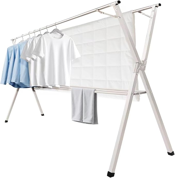 63 inches Foldable Clothes Drying Rack, Heavy Duty Stainless Steel Laundry Drying Rack for Indoor Outdoor,Clothes Rack Adjustable Length. 3 Additional Reinforcement Bars with 20 Windproof Hooks