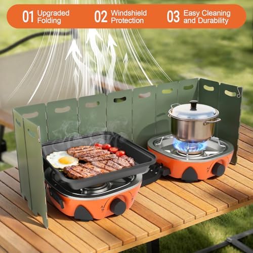 2 Burner Propane Camping Stove with Windshield,20,000 BTUs Folding Portable Camp Stove with Frying Pan,Carrying Bag,Dual Gas Stoves Easy Carrying for Tailgating,Camping,BBQ (Orange, Medium)