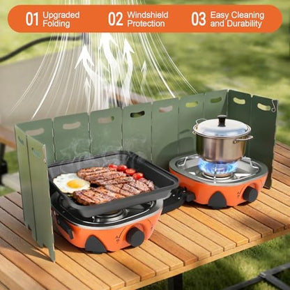 2 Burner Propane Camping Stove with Windshield,20,000 BTUs Folding Portable Camp Stove with Frying Pan,Carrying Bag,Dual Gas Stoves Easy Carrying for Tailgating,Camping,BBQ (Orange, Medium)