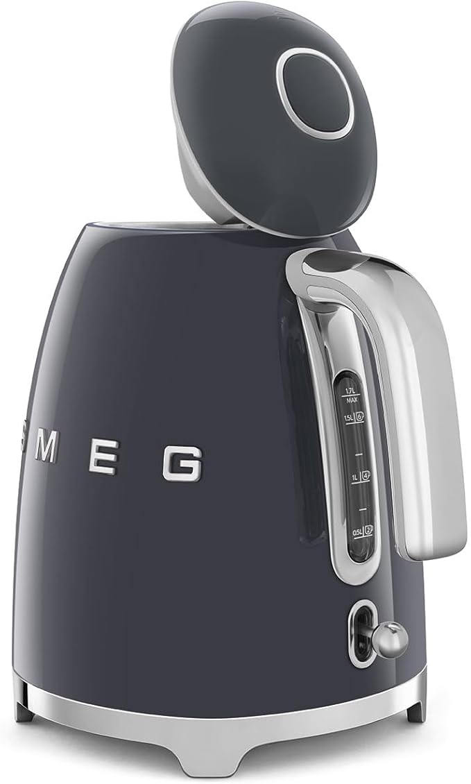 SMEG KLF03 7 Cup Electric Water Kettle, Retro-Style, Soft-Opening Lid, Auto Shut-Off, 360° Swivel Base – Grey