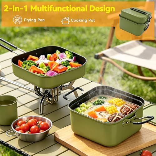 2 Burner Camping Stove with 2-In-1 Cookware Set, 24000 BTU Propane Gas Stove, Foldable Camp Stove with Frying Pan, Pot, Windshield & Carry Bag, Camping Essentials for Picnic, RV, Camp kitchen, Green