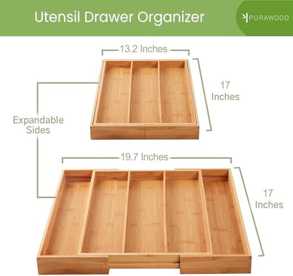 Purawood Kitchen Drawer Organizer - Expandable Utensil Drawer Organizer for Kitchen, Cutlery Tray & Silverware Organizer, 3-5 Slots - Bamboo Organizer for Utensils & Flatware (Natural)