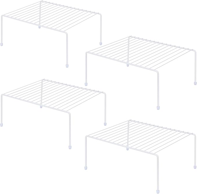 SIBAO Kitchen Cabinet Storage Shelf Rack/Plastic Feet - (13.1 x 10.2 Inch) - Steel Metal - Rust Resistant Finish - Cups, Dishes, Cabinet & Pantry Organization (4, White)