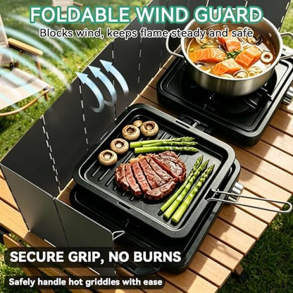 2 Burner Camp Stove 24000 BTU, Portable Propane Camping Stove with Windshield, Foldable Gas Stove with Adjustable Burners, Carry Bag, Camping Cooking Set for RV, Tailgating, Survival, Black