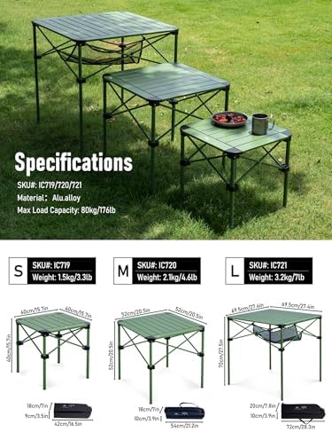 iClimb Lightweight Stable Alu. Folding Square Table Roll Up Top (Green, M)