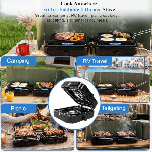 Uniflasy 2 Burner Camping Stove Kit with Carry Bag & Wind Guards