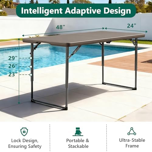 2 Pack Folding Table, 4FT Foldable Picnic Table with Adjustable Height, Heavy Duty Fold-in-Half Portable Table for Weddings, Camping, RV Travel, Parties, BBQs, Easy to Fold and Store, Khaki