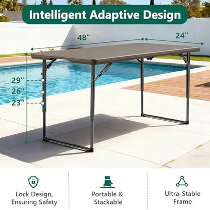 2 Pack Folding Table, 4FT Foldable Picnic Table with Adjustable Height, Heavy Duty Fold-in-Half Portable Table for Weddings, Camping, RV Travel, Parties, BBQs, Easy to Fold and Store, Khaki