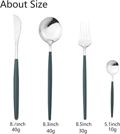 JASHII Flatware Serving Set 24 Piece, Stainless Steel Silverware Set, Green Silver Cutlery Set, Modern Elegant Tableware Set for Party, Christmas, Dinner (Green Silver)