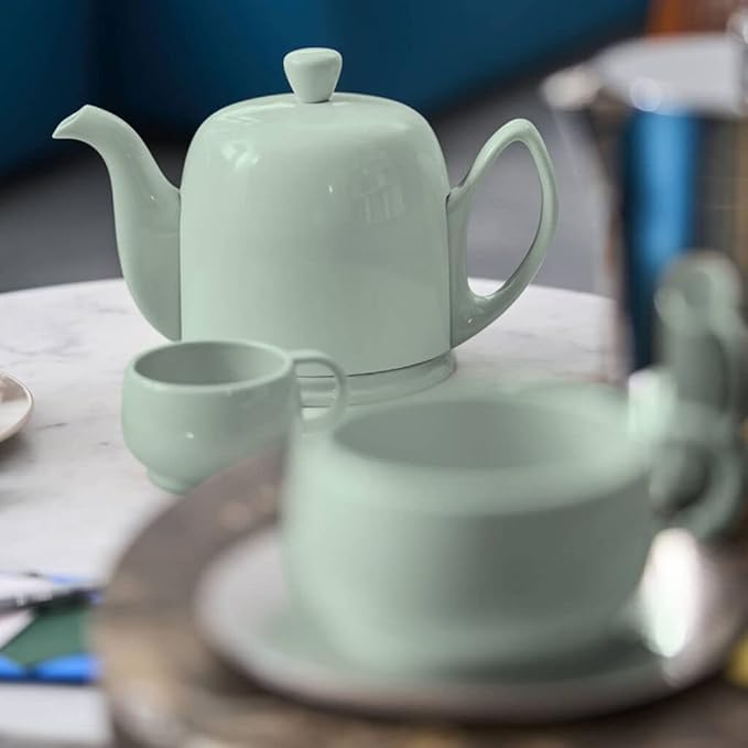 DEGRENNE Luxury French Tea Set - Porcelain Teapot Set with 2 Tea Cups, Ceramic Kettle for Loose Tea, Stainless Steel Cover, Removable Infuser - Monochrome Almond Green