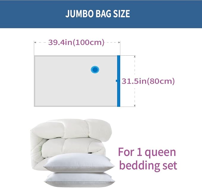7 Pack Jumbo Space Saver Vacuum Storage Bags for Clothing Travel, Vacuum Seal Compression Bags for Clothes, Packing, Luggage, Blankets, Comforters and Pillows, Hand Pump Included