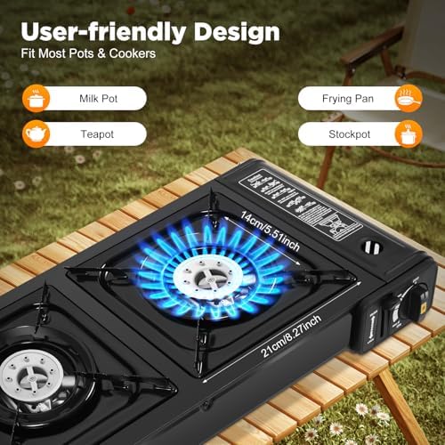 Camping Stove, Portable Butane Camping Stove, Propane Stove 2 Burner Propane Gas Stove, Double Auto Ignition Camping Burner LPG for RV, Apartments, Motorhome, Outdoor, Indoor