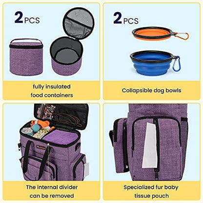 Modoker Dog Travel Organizer Carriers for Supplies & Accessories, Airline Approved Cat Pet Travel Bag, 2 Collapsible Bowls, 2 Travel Dog Food Container, Purple