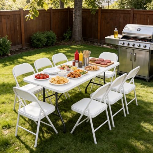 Folding Table, 8 FT Foldable Plastic Table with Carrying Handle, Heavy Duty Portable Fold-in-Half Utility Table for Party, Camping, Banquet, Craft, Wedding, Indoor & Outdoor Use