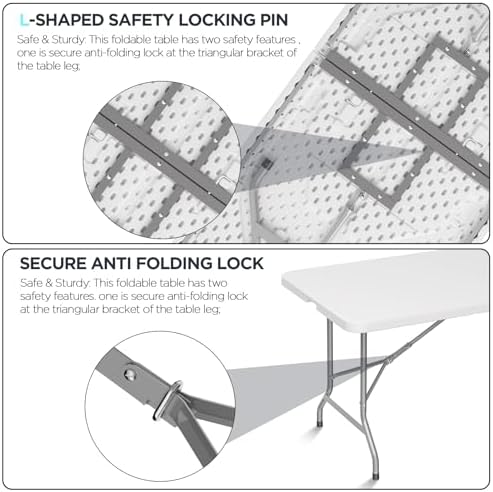 Folding Table Picnic Table, 8 ft Camping Table with Handle and Safety Locks