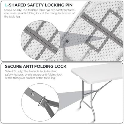 Folding Table Picnic Table, 8 ft Camping Table with Handle and Safety Locks