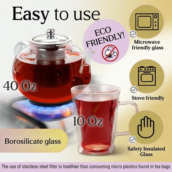 40 Oz Unique Glass teapot Set with 4 double wall insulated Cups, Tea Kettles for Stovetop With Infusers For Loose Tea, Perfect Mom Gift