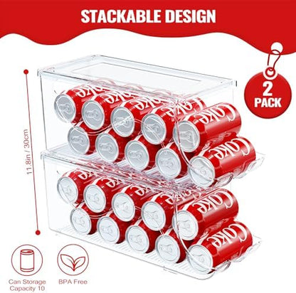 SCAVATA 2 Pack Stackable Refrigerator Organizer, Soda Can Dispenser Pop Cans Container Beverage Holder with Lid for Fridge, Freezer, Kitchen, Clear Plastic Storage Bins-Holds 10 Cans Each