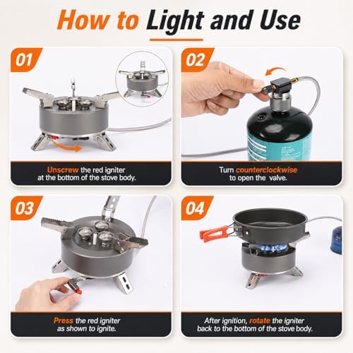 Portable Camping Stove, 5800W Foldable Outdoor Gas Stove with Nonstick Pot, Frying Pan, Mesh Carry Bag, 1 lb Propane Tank Adapter and Hose for Camping, Hiking, Picnic