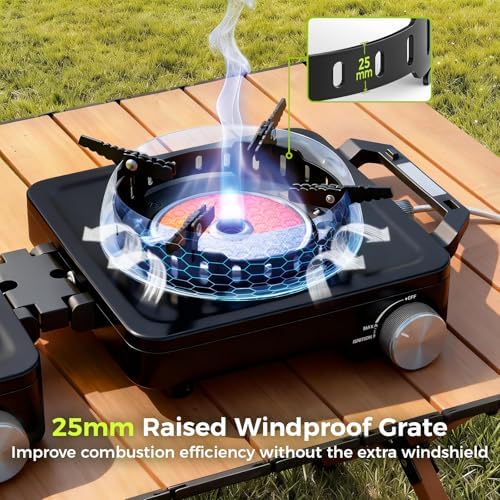 MoKo Propane Camping Stove 2 Burner, 36,000 BTU Infrared & Open Flame Hybrid, Windproof Folding Portable Outdoor Gas Cooking Kit with Frying Pan & Carry Bag For RV, Tailgating, Survival, Black