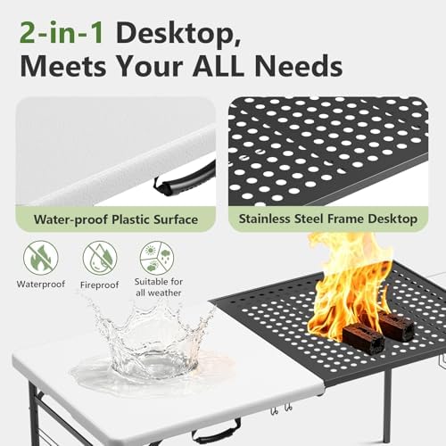 Folding Table 2 Pack, 5ft Folding Grill Table, Portable Camping Prep Table for Cooking&BBQ, 2-in-1 Metal&Solid Surface Foldable Grill Station for Camping, Backyard, Patio Cooking Use(Black and White)