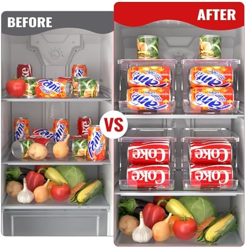 SCAVATA 2 Pack Stackable Refrigerator Organizer, Soda Can Dispenser Pop Cans Container Beverage Holder with Lid for Fridge, Freezer, Kitchen, Clear Plastic Storage Bins-Holds 10 Cans Each
