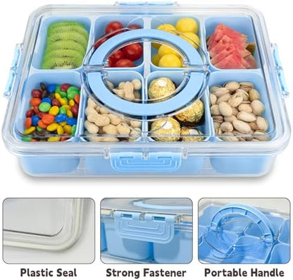 Divided Serving Tray with Lid and Handle,8 Compartments Snacks Box,Snack Fruit Veggie Tray,Portable Platter for Candy Fruits Nuts Snack Party Entertaining Picnic (2PCS Blue)