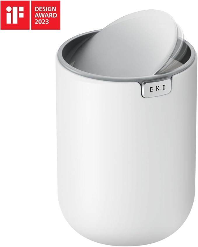 EKO Mini Desk Trash Can with Swing-Top Lid 0.4 Gallon Small Table Round Wastebasket for Office, Home, Car (White)