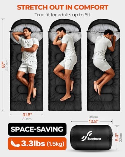 Sportneer Sleeping Bag, 3 Seasons Warm Cold Weather Sleeping Bags for Adults Kids Boys Girls with Compression Sack- Lightweight Camping Essentials Gear Accessories, Backpacking, Hiking