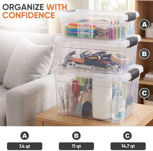 Superio 7.4 Quart Clear Plastic Storage Bin with Lid, Stackable Organizer Box, BPA-Free Storage Container for Home, Garage, School & Office, 12 Pack