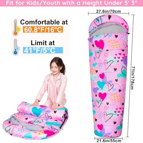 FIOBEE Kids Sleeping Bag 3 Season Camping Sleeping Bags for Girls Toddler