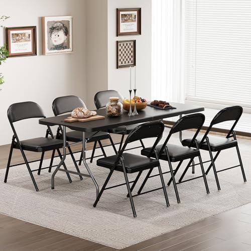 SKONYON 6ft Folding Table Heavy Duty 350 LBS Foldable Table with 18% Thicker HDPE Top Reinforced Steel Frame Portable Fold-in-Half Table Under 22 lbs for Outdoor Indoor Party Wedding Camping Black