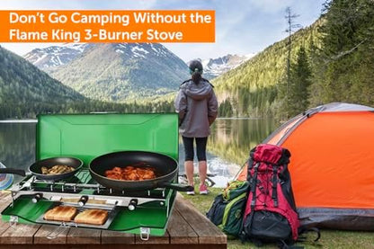 Flame King YSNBBQ-136M 3-Burner Portable Camping Stove Grill w/Toast Tray, Great for Outdoor Cooking, Backpacking, Hiking, & Emergency, Compatible with 1LB Propane Gas Bottle