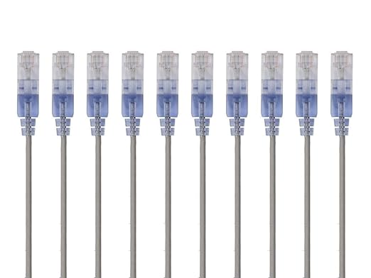 Monoprice Cat6A 2ft Blue 10-Pk Patch Cable UTP 30AWG 10G Pure Bare Copper Snagless RJ45 SlimRun Series Ethernet Cable