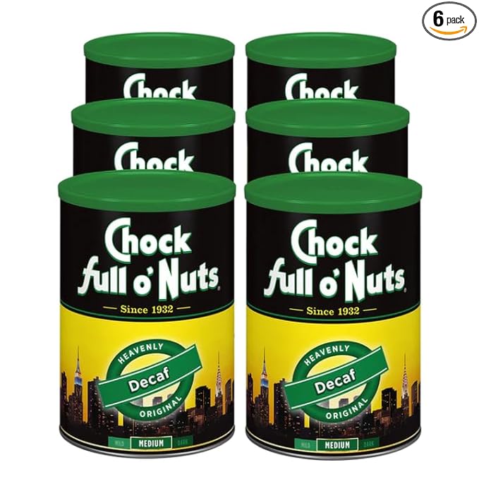 Chock Full o' Nuts Heavenly Original Decaf Ground Coffee – Premium Beans in Recyclable Steel Can – Rich Flavor & Aroma, Medium Roast – Perfect for Drip, Pour-Over, Percolator – 11 Oz Can, Pack of 6
