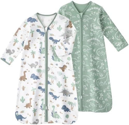 Baby Sleep Sack 18-24 Months, Long Sleeve Baby Wearable Blanket 0.5 Tog with Mittens, 2-Way Zipper Toddler Cotton Sleeping Sack for Boy and Girl Green Dinosaur 2 Pack(XLarge)